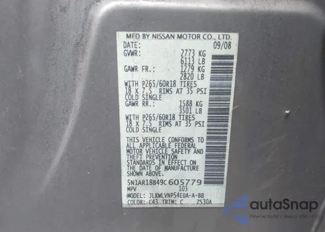 2009 Nissan Pathfinder Le z USA, uszkodzony, nr VIN 5N1AR18B49C605779